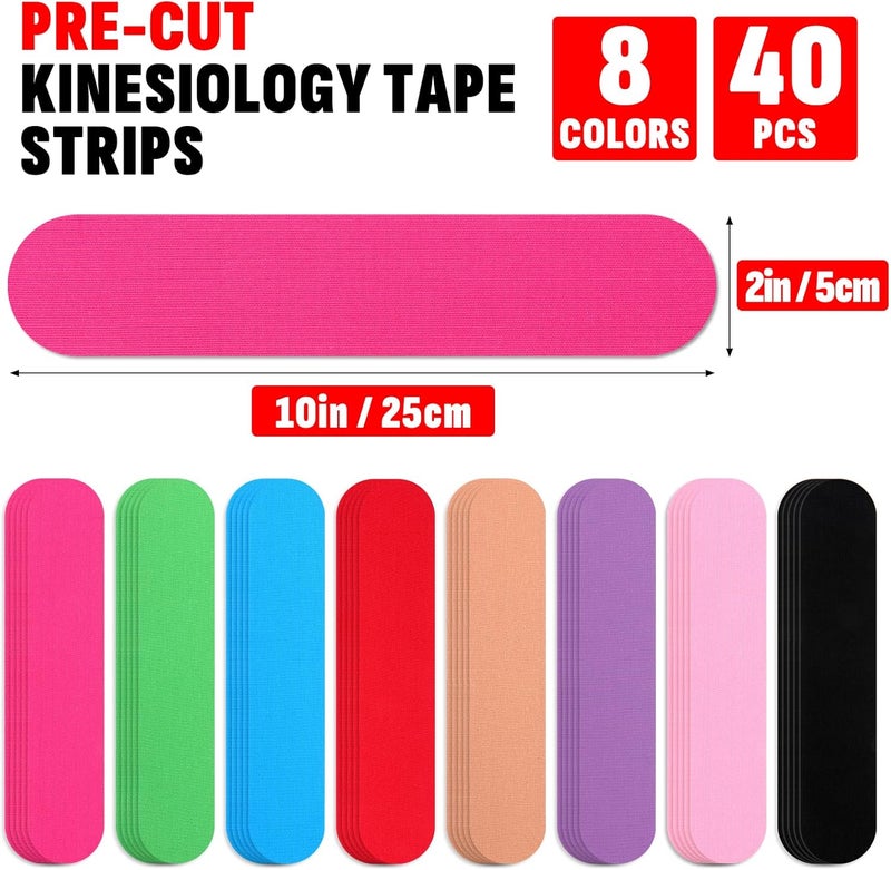 NUITPY 40PCS Precut Kinesiology Tape Strips, 8 Colors 2 inch x 10 inch Cotton Athletic Tape, Kinetic Tape, Elastic Muscle Tape, Sports Tape, Knee Tape for Exercise and Daily Use - Image 2